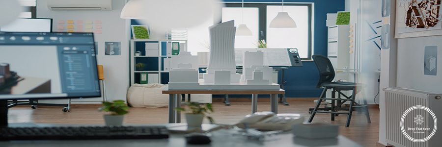 Nobody in office with 3d architecture design and building model for urban project. Empty space with construction print and blueprints plans for property development and sketch technology.