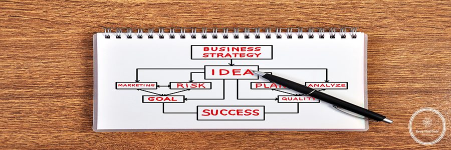 notebook with business strategy and pen on table