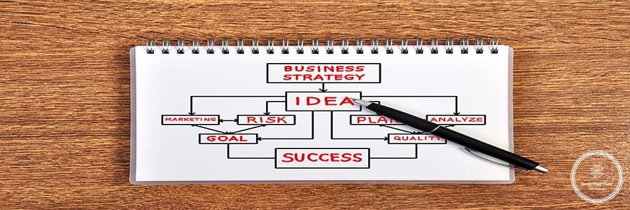 notebook with business strategy and pen on table