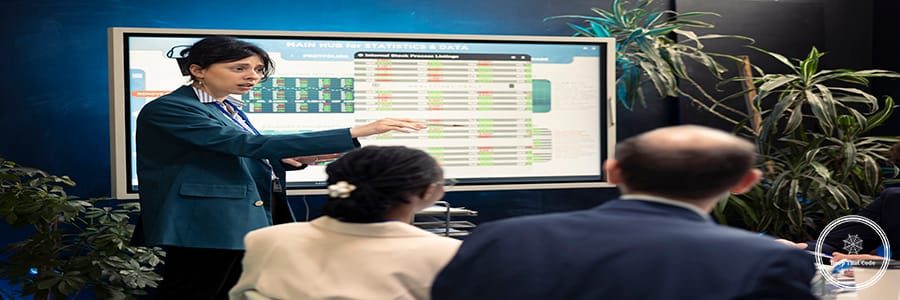Office manager presenting data analysis and funding on interactive board, deliberating on income and revenue growth with her affiliates. Accomplishing financial objectives in the organization.