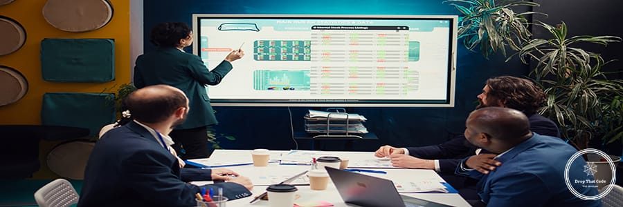 Operations manager develops sales strategies and targets, task based on market dynamics and customer feedback shown on interactive board. Specialist attends a meeting with colleagues. Camera B.