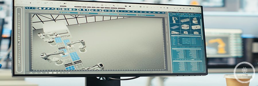 PC on desk in empty photovoltaics factory monitoring system performance. Computer monitor in sustainable solar panels manufacturing plant tracking energy production and efficiency, close up