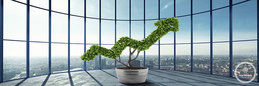 Plant that grows like an arrow at the office in a skyscraper. 3D Rendering. Growing the economy company