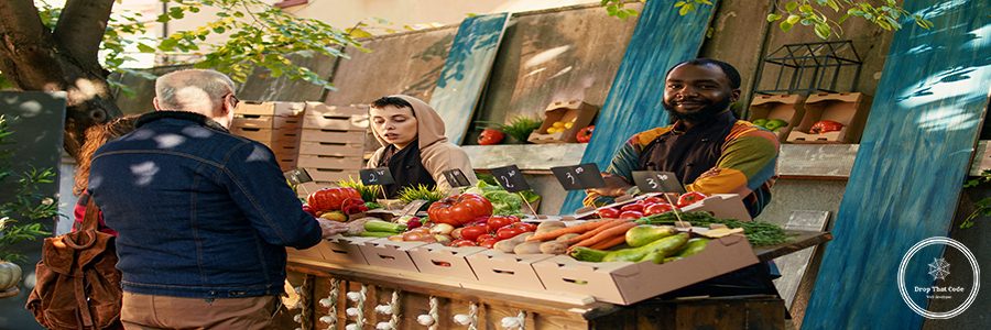 African american vendor working at farmers market counter and selling bio organic fruits and veggies. Young man standing at market stall and presenting fresh natural homegrown products.