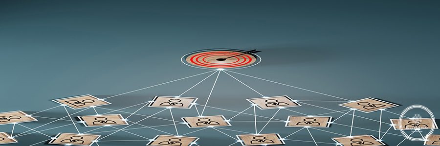 Red dartboard and black arrow connection linkage with human icon for customer focus target group and customer relation management concept.