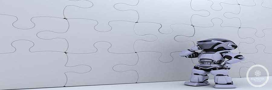 3D render of a Robot with jigsaw puzzle business metaphor