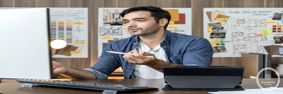smart adult caucasian designer with beard sitting on working table desk video conference with clients, young smart creative designer working at home ,home isolation quarantine concept
