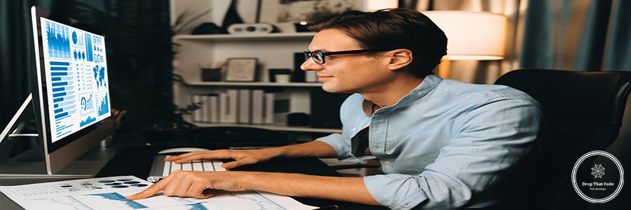 Smart businessman analyzing business paragraph dynamic database marketing analysis plan surrounded paper sheet and pc monitor report to compare with document data at home office at night. Pecuniary.