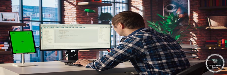 Software engineer at computer coding, creating software using isolated screen tablet. IT specialist in home office working with code editor, building applications using PC and mockup device, camera A