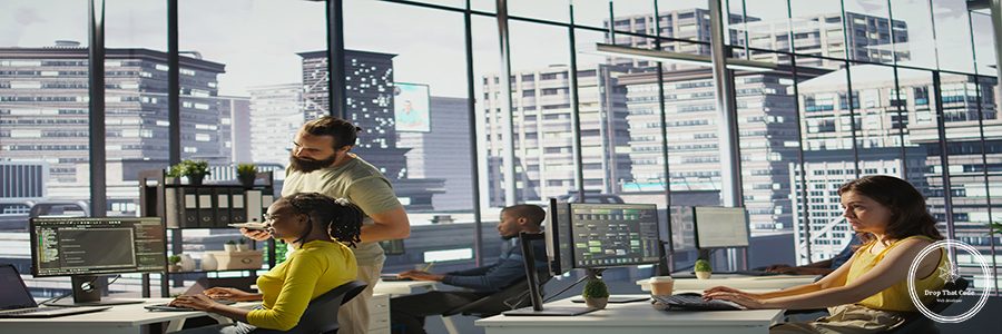IT employee coding in programming languages to construct algorithms and build applications. Software technician developing and maintaining databases and data structures in office, camera B