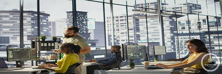 IT employee coding in programming languages to construct algorithms and build applications. Software technician developing and maintaining databases and data structures in office, camera B