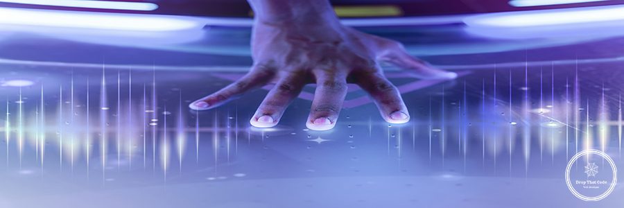 Sound wave technology performer’s hand touching stage remixed media