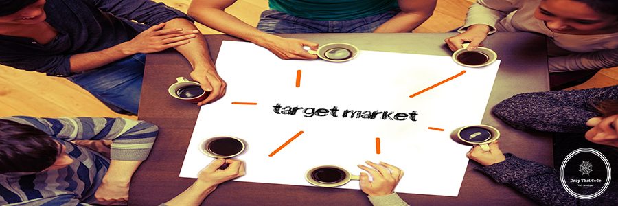 Student drinking coffee sitting around page saying the word target market