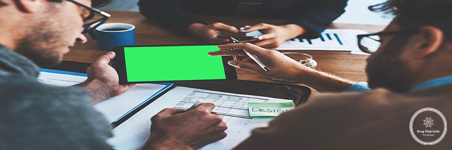 Tablet, green screen and people together for meeting in office, collaboration or planning for company pitch. Mobile tech, app and chroma key with hands for logo, review or mock up for accounting.