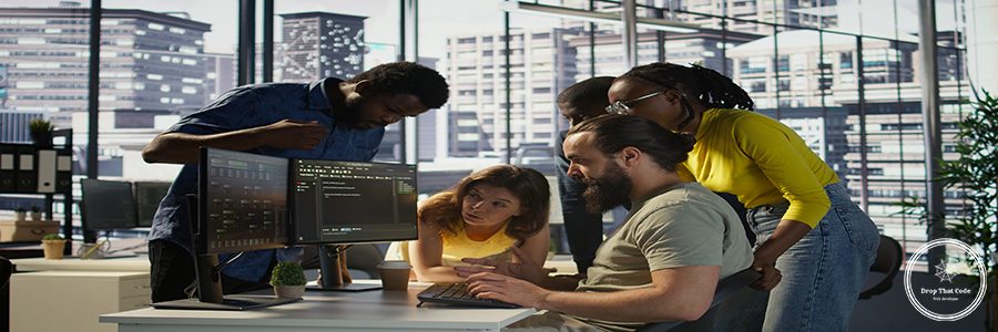 Programmers gathered together to conduct code review to fix errors, identifying technical issues with company software. Team of developers doing brainstorming, optimizing code, camera B