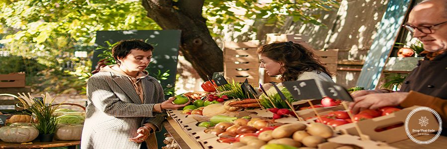 Team of local farmers selling natural bio produce to cheerful customers, talking to people about fresh homegrown products. Farmers market vendors giving eco healthy fruits and veggies.