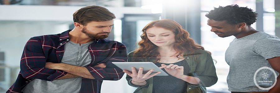 Teamwork, tablet and strategy in international workplace for global startup company, project and planning. Diversity, men and woman in collaboration with digital notebook for brainstorming and email