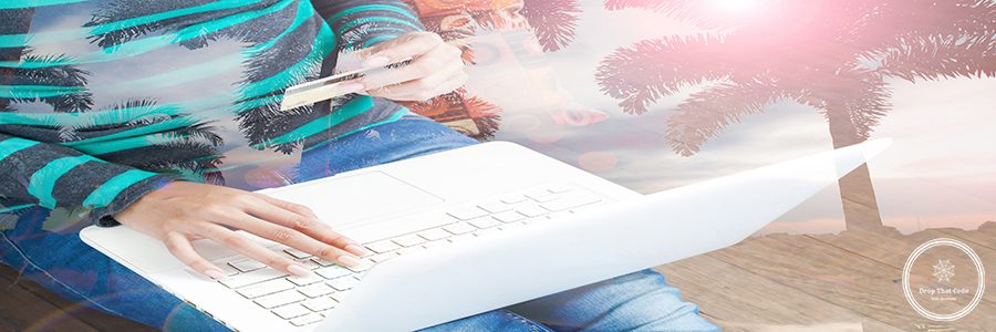 Technology, shopping, banking, home and lifestyle concept - Double exposure of female with laptop computer and credit card and palm tree