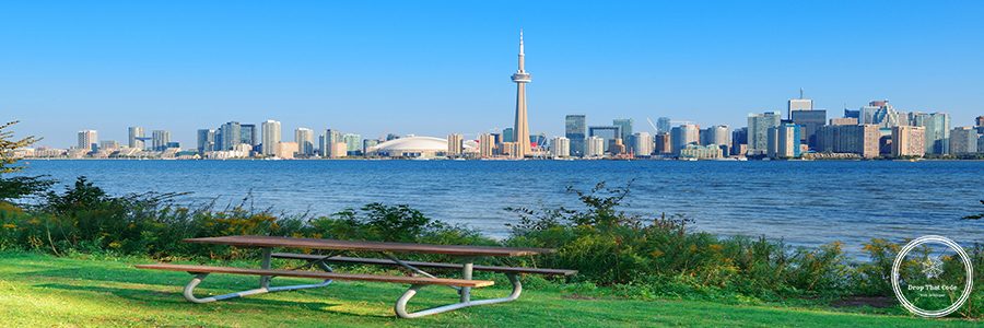 Toronto skyline in the day over lake with urban architecture viewed from park