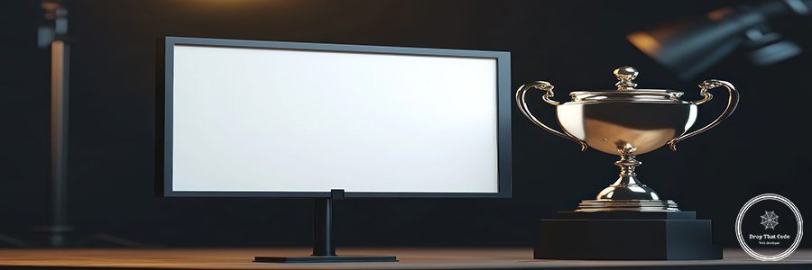 A trophy is on a table next to a white board. The trophy is gold and has a black base. Concept of achievement and success