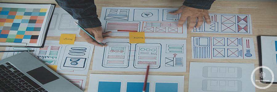 ux Graphic designer creative sketch planning application process development prototype wireframe for web mobile phone . User experience concept.