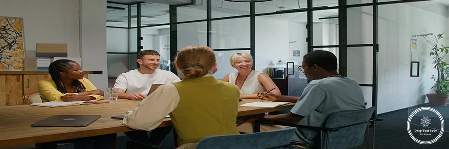A group of young people are smiling and talking while sitting in an office meeting. Business planning, startup