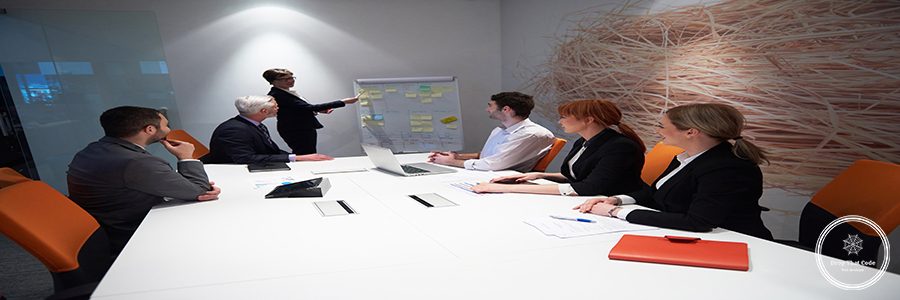 business people group with young adults and senior on meeting at modern bright office interior.