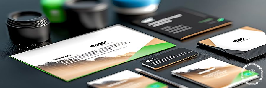 Professional branding materials displayed on a sleek black surface with coffee cups and stationery
