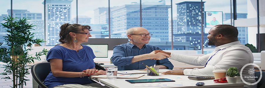 Senior people reading retirement plan contract terms with broker, exploring their options to secure financial investment for the future. Old couple discussing with expert. Camera B.