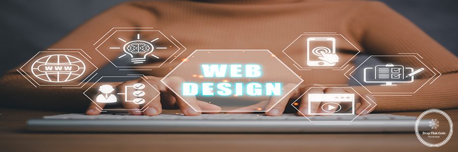 Web design concept, Person typing on keyboard with web design icon on virtual screen.