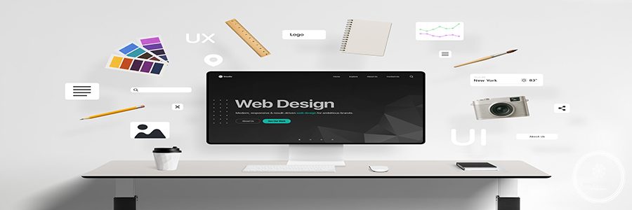 Web design interface displayed on desktop screen, surrounded by floating UI components like buttons, image boxes, and navigation icons, along with creative tools such as pencil, brush, color palette, notebook, and camera. Perfect blend of design thinking and development.