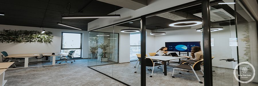 Young business women discussing in cubicle at the modern office