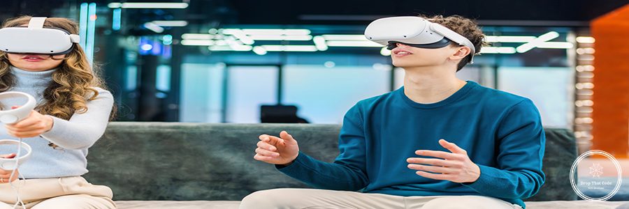 A young man and woman exploring virtual reality using VR glasses in an office